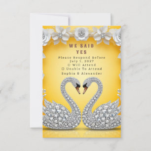 Cartão RSVP 🌺 Casal de Cisnes Crystal Swan Couple Warm Gold R