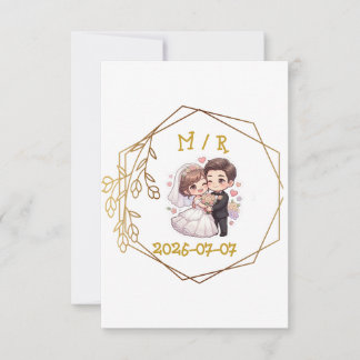 Cartão RSVP Casal de Noivos Cute Chibi Adesivo | Noiva Românti