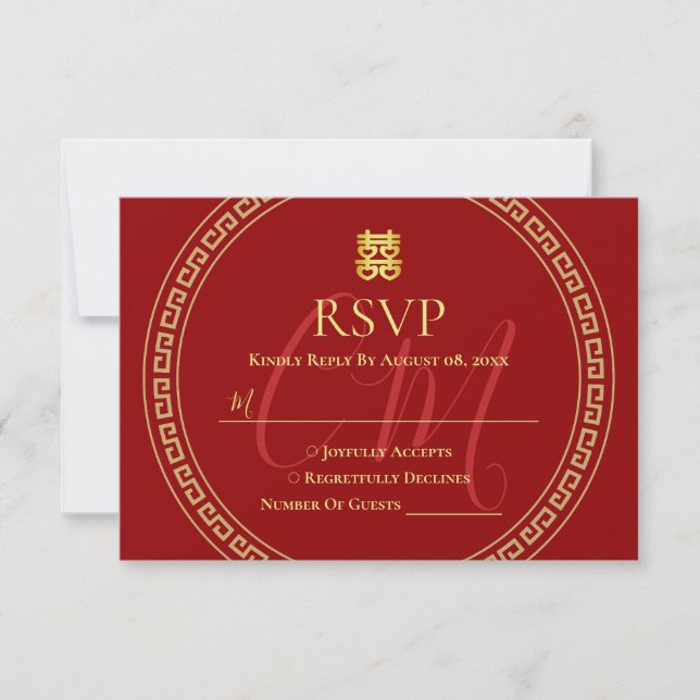 Cartão RSVP Casal rubricado quadro vermelho de casamento chinê (Frente)