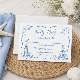 Cartão RSVP Casamento à Beira-Mar com Rabiscos Desenhados à Mã