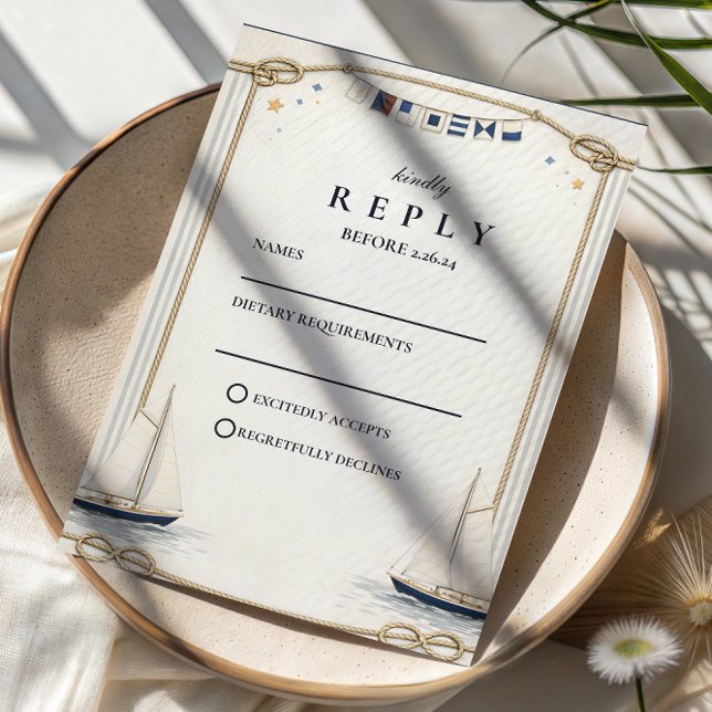 Cartão RSVP Casamento à Beira-Mar com Veleiro Clássico (Criador carregado)