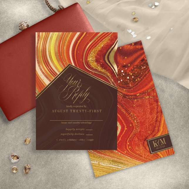 Cartão RSVP Casamento Ágata Abstrata Laranja Quente ID827 (Criador carregado)