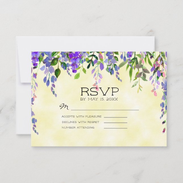 Cartão RSVP Casamento Amarelo Floral Lavanda Púrpura de Aquare (Frente)