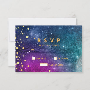 Cartão RSVP Casamento Aquarela Azul Pavão Moderno Dourado