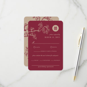 Cartão RSVP Casamento Asiático Moderno Kraft e Flores de Ameix