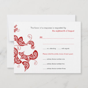 Cartão RSVP Casamento Asiático Vermelho Floral Boho Peacock Or