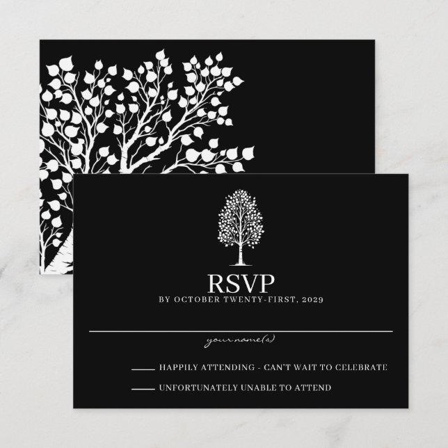 Cartão RSVP Casamento Aspen Preto (Frente/Verso)