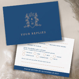 Cartão RSVP Casamento azul branco desenhado pela mão da crista