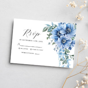 Cartão RSVP Casamento Azul com Derramamento Floral de Aquarela