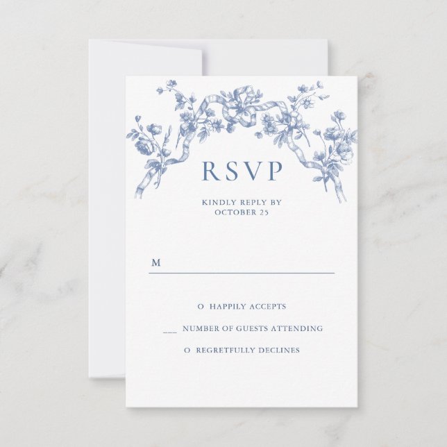 Cartão RSVP Casamento Azul com Grace Floral Dusty, Ornamentado (Frente)