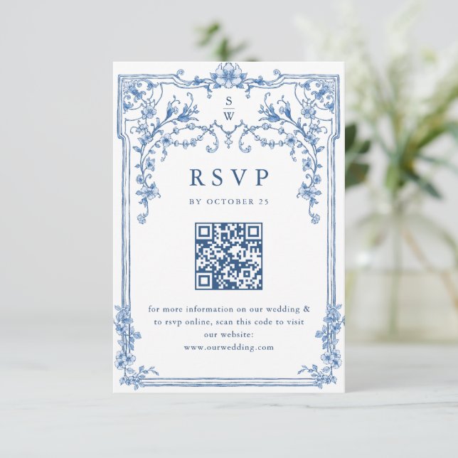 Cartão RSVP Casamento Azul com Grace Floral Dusty, Ornamentado (Em pé/Frente)