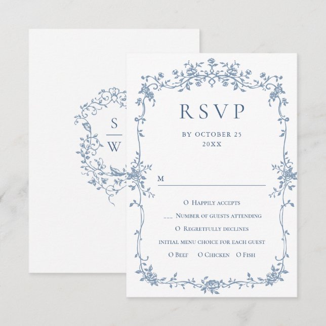 Cartão RSVP Casamento Azul com Grace Floral Dusty, Ornamentado (Frente/Verso)