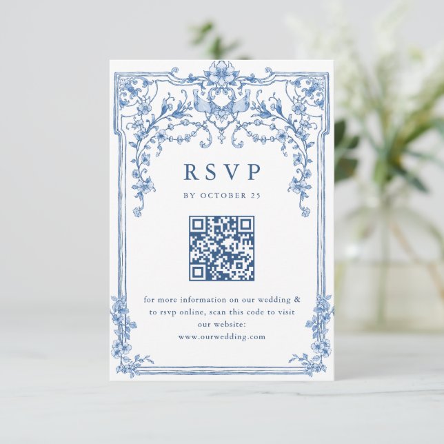 Cartão RSVP Casamento Azul com Grace Floral Dusty, Ornamentado (Em pé/Frente)