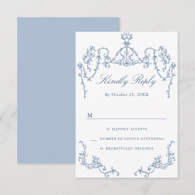 Cartão RSVP Casamento Azul com Grace Floral Dusty, Ornamentado (Frente/Verso)