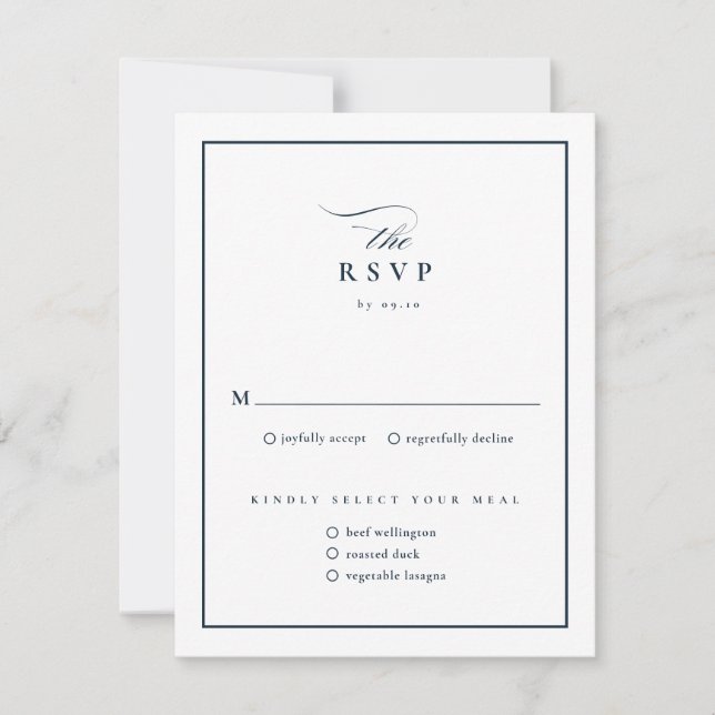 Cartão RSVP Casamento Azul com Marinho de Script Elegante Clás (Frente)