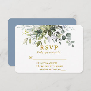 Cartão RSVP Casamento Azul com Mola Verde Dusty Dourado
