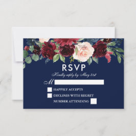 Cartão RSVP Casamento Azul da Borgonha Floral da Aquarela Eleg