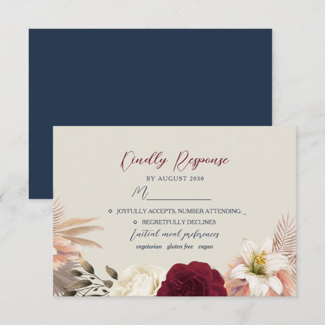 Cartão RSVP Casamento Azul de Marinho Borgonha (Frente/Verso)