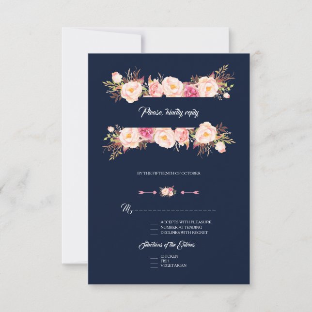 Cartão RSVP Casamento Azul de Marinho de Quadro Floral Rosa En (Frente)