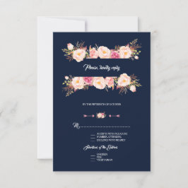 Cartão RSVP Casamento Azul de Marinho de Quadro Floral Rosa En