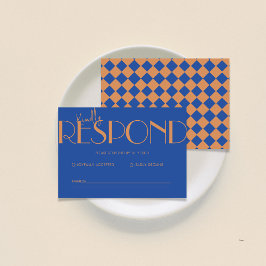 Cartão RSVP Casamento Azul de Padrão Verificado Retrominimalis