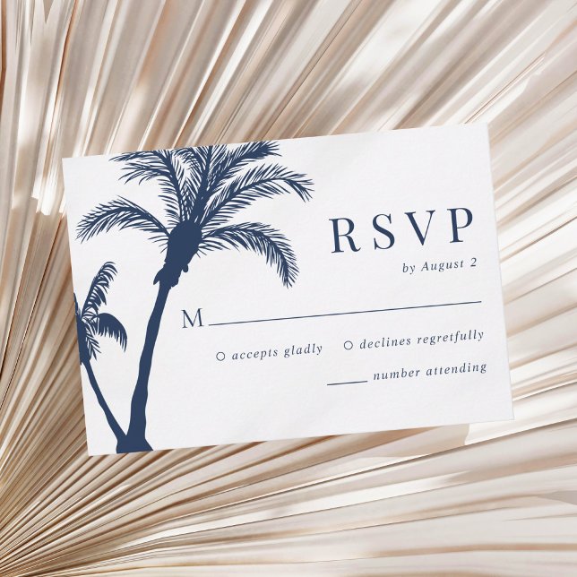 Cartão RSVP Casamento Azul do Marinho de Praia Tropical Palm T (Criador carregado)