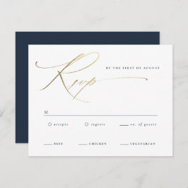 Cartão RSVP Casamento Azul do Marinho de Script Dourado Elegan