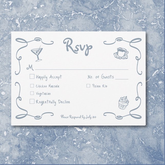 Cartão RSVP Casamento Azul Dusty Com A Mão Retrópica (Whimsical Retro Hand Drawn Dusty Blue Wedding RSVP Card)