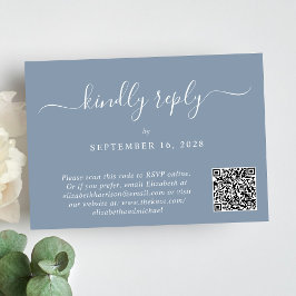 Cartão RSVP Casamento Azul Dusty com Código QR de Foto de Scri