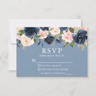 Cartão RSVP Casamento Azul Dusty, Cor Floral, Cor-de-Rosa