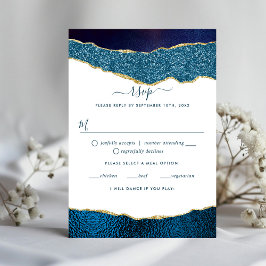 Cartão RSVP Casamento Azul e Agato Dourado do Marinho Elegante
