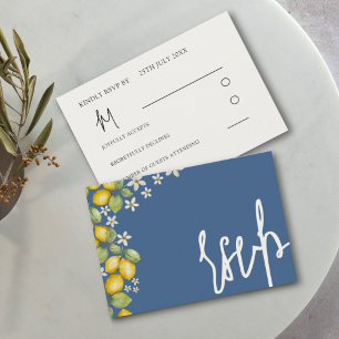 Cartão RSVP Casamento Azul e Amarelo com Limões Modernos