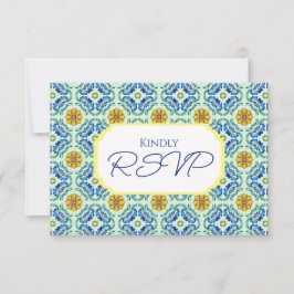 Cartão RSVP Casamento Azul e Amarelo do Azulejo Mediterrâneo