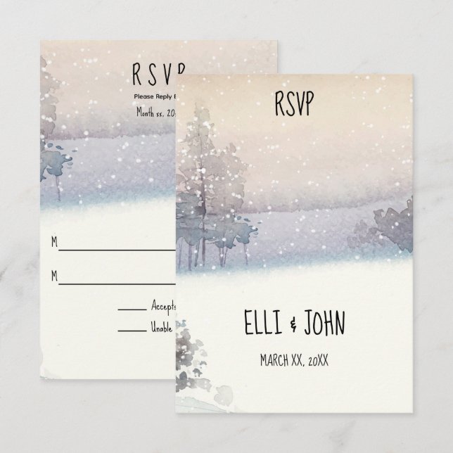 Cartão RSVP Casamento Azul e Branco de inverno (Frente/Verso)