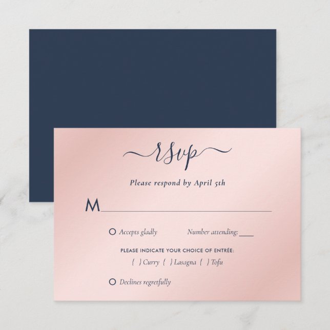 Cartão RSVP Casamento Azul e Rosa Pincelado do Marinho Moderno (Frente/Verso)