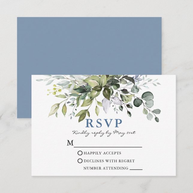 Cartão RSVP Casamento Azul Elegante De Mola Verde Dusty (Frente/Verso)