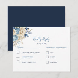 Cartão RSVP Casamento Azul Elegante e Rosa Marfim