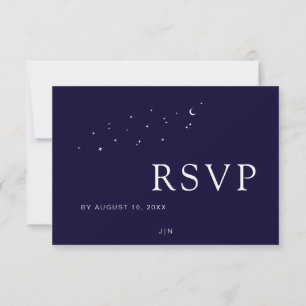 Cartão RSVP Casamento Azul Elegante Lua e Estrelas Celestiais