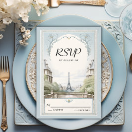 Cartão RSVP Casamento Azul em Torre Eiffel de Paris Elegante