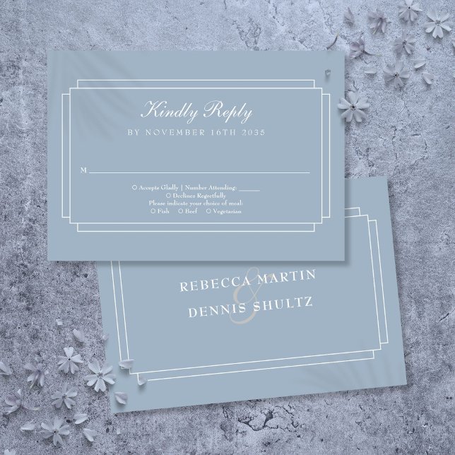 Cartão RSVP Casamento Azul Empoeirado Clássico Art Deco (Classic Art Deco Dusty Blue Wedding RSVP Card)