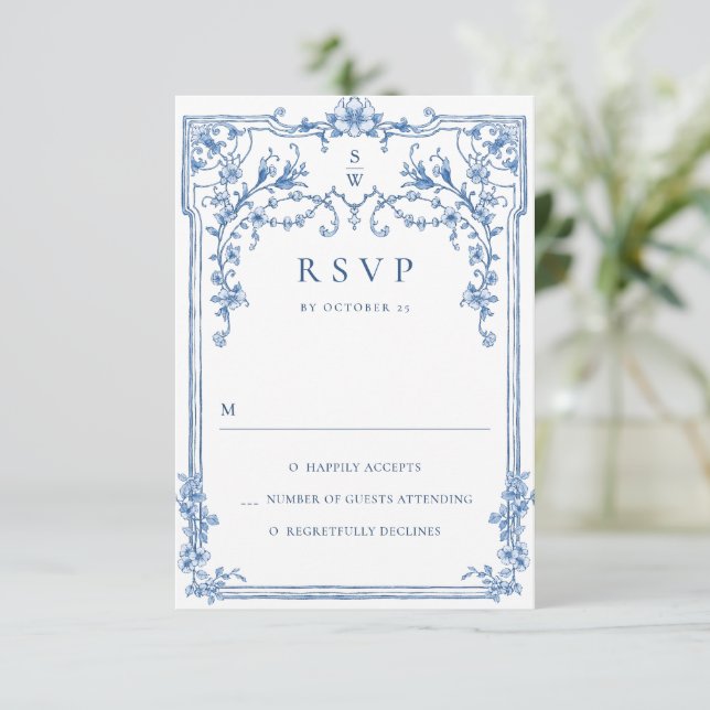 Cartão RSVP Casamento Azul Empoeirado Floral Gracioso Ornament (Em pé/Frente)