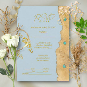 Cartão RSVP Casamento Azul Empoeirado Rústico Boho Dourado Tur