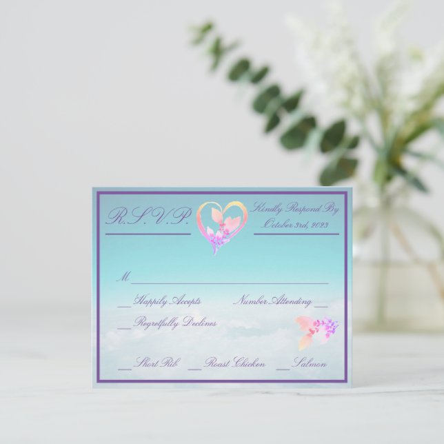 Cartão RSVP Casamento Azul Floral Acima das Nuvens (Em pé/Frente)