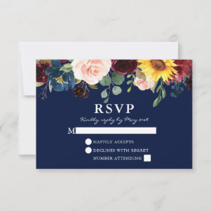 Cartão RSVP Casamento Azul Floral de Aquarela Elegante