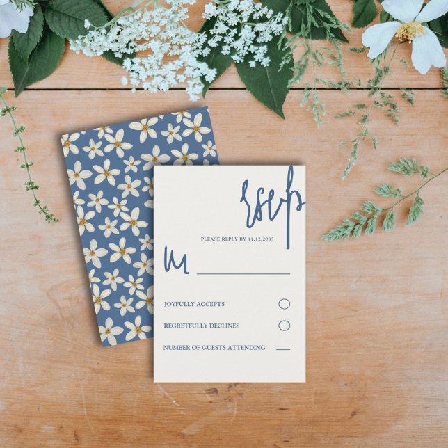 Cartão RSVP Casamento Azul Floral Moderno e Amarelo (Criador carregado)