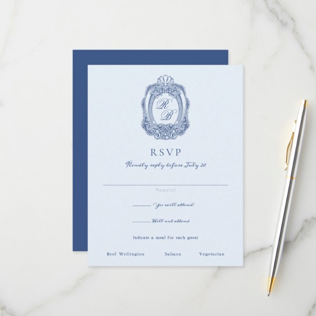 Cartão RSVP Casamento Azul Francês - Crest Barroco (Frente/Verso In Situ)