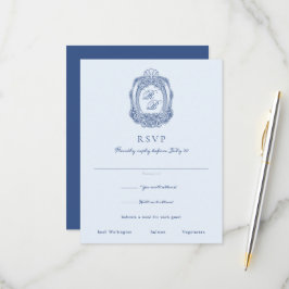 Cartão RSVP Casamento Azul Francês - Crest Barroco