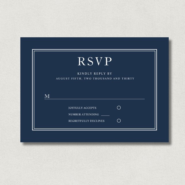 Cartão RSVP Casamento Azul-Marinho Clássico Elegante Moderno (Modern Elegant Classic Navy Blue Wedding RSVP Card)