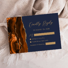 Cartão RSVP Casamento Azul Marinho com Letra Dourada em Ágata