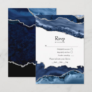 Cartão RSVP Casamento Azul Marinho e Ágata Prata